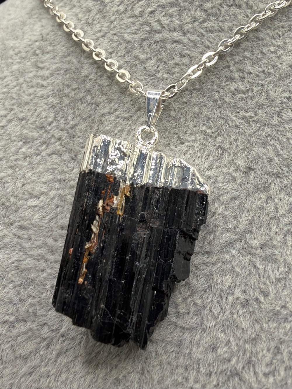 Natural Black Tourmaline Pendant Necklace - Silver Accents